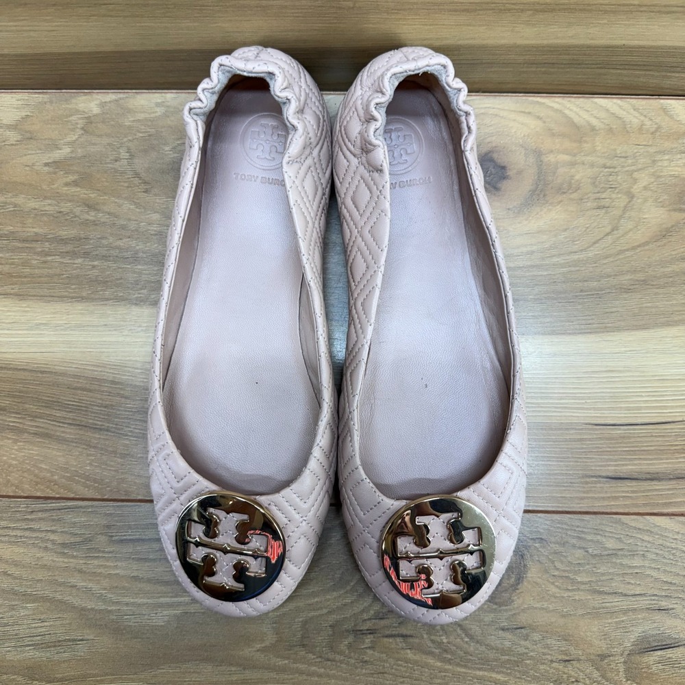 Tory Burch Quilted Reva Flats Womens 7.5 M Pink Gold Logo Office Casual Stretch